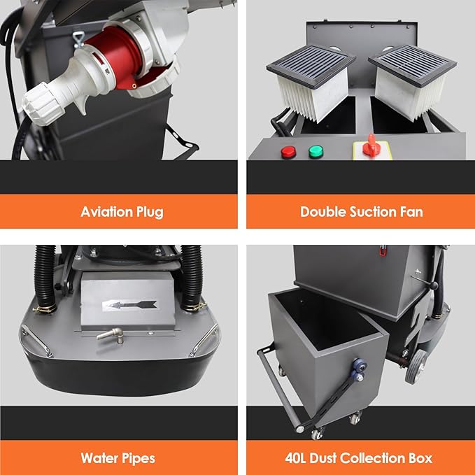 Hand-Push Cement Ground Grinder Floor Grinding Polisher Floor Polishing Machine with 9pcs Grinding Heads 40L Dust Bucket for Old Ground Restore 220V