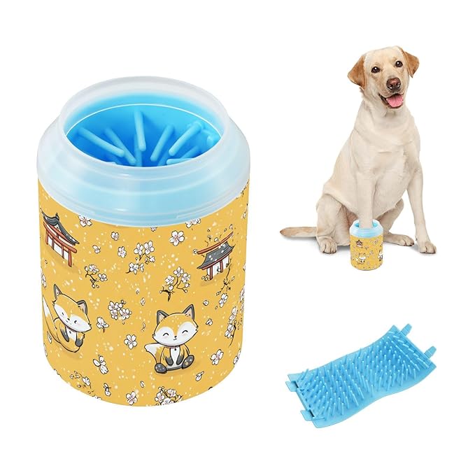 Dog Paw Cleaner Cups for Dogs Pet Foot Washer Paw Scrubber for Medium Small Large Dogs Cats Cleaning Cup Yellow Foxes Cherry Blossoms
