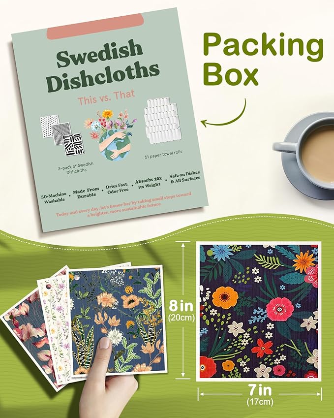 8 Pack Reusable Kitchen Swedish Dishcloths for Washing Dishes - Absorbent Fast Drying Cleaning Sponge with Cute Flower Design - Washable Decor Cloths