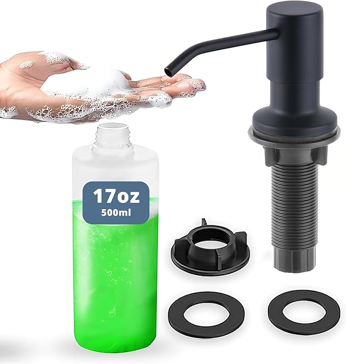 SBEN Built-in Kitchen Sink Soap or Lotion Dispenser Set, Stainless Steel, Matte Black Pump, 17 oz PET Bottle, Durable ABS Head, 360° Rotation (Matte Black)