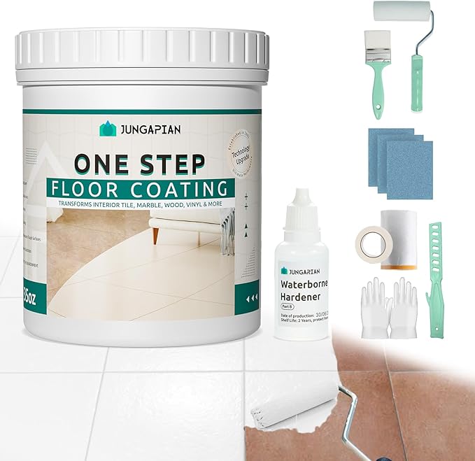 All-In-One Interior Floor Coating Kit, Water-based & Low Odor One-Step Floor Paint, High Hardness Waterproof Paint for Ceramic, Porcelain, Fiberglass, Hardwood, Laminate, Vinyl, 35OZ, White