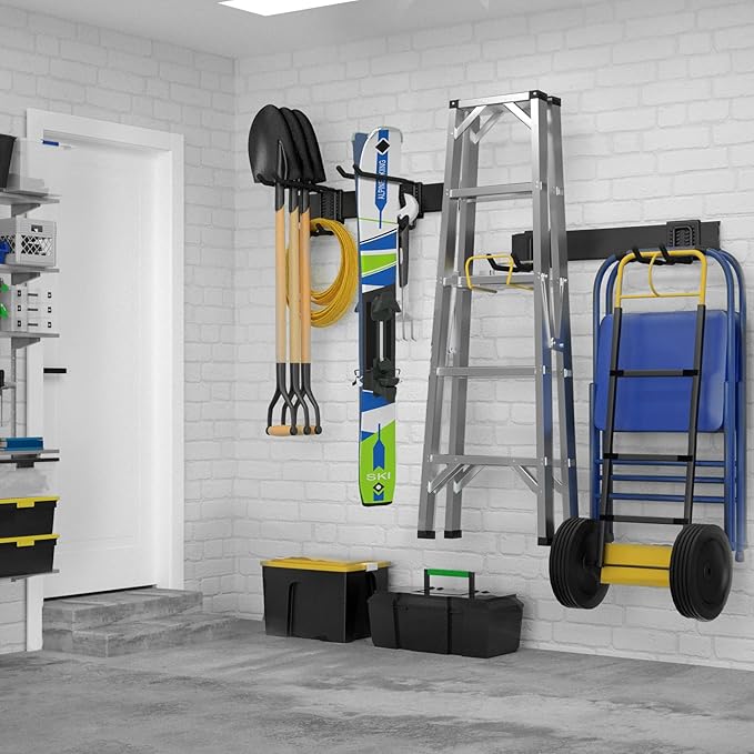 32 Inches Garage Storage, Garage Organization, Wall Mount Garden Tool Organizer, Max 300lbs Adjustable Metal Hooks, Yard Shed Hanging Rack, Heavy Duty Shelving for Rake Broom Mop Snowboard