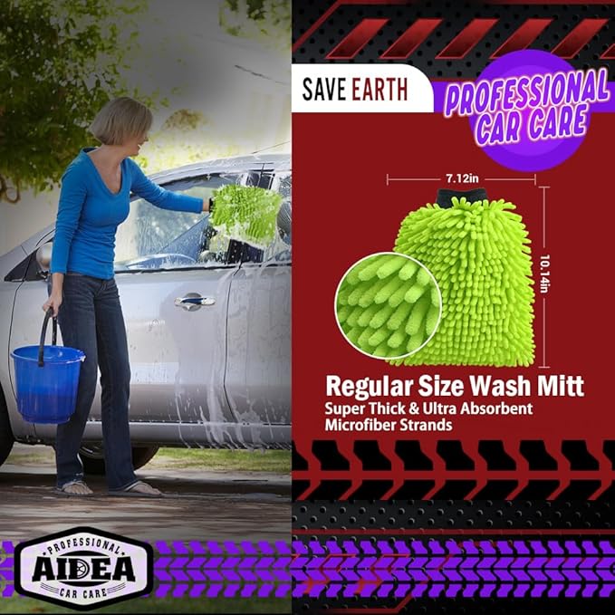 AIDEA Car Wash Mitt Microfiber, 4PK Scratch Free Lint-Free, Premium Chenille Microfiber Mitt Car Wash Brush, Green, Regular Size 7.12''X10.14''