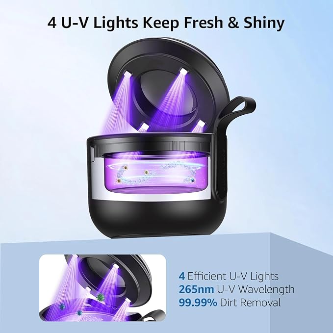 Ultrasonic Cleaner, 48kHz Rechargeable Cordless Jewelry Denture Cleaner Machine, 200ML Cleaning Pod for Jewelry, Rings, Glasses, Mouth Guard, Waterproof UV Cleaner with Digital Timer