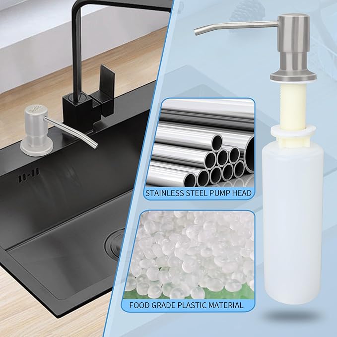 Dish Soap Dispenser for Kitchen Sink Brushed Nickel Under Sink Soap Dispenser Pump Head with 10.14 Ounce PET Soap Bottle and 1.88" Base