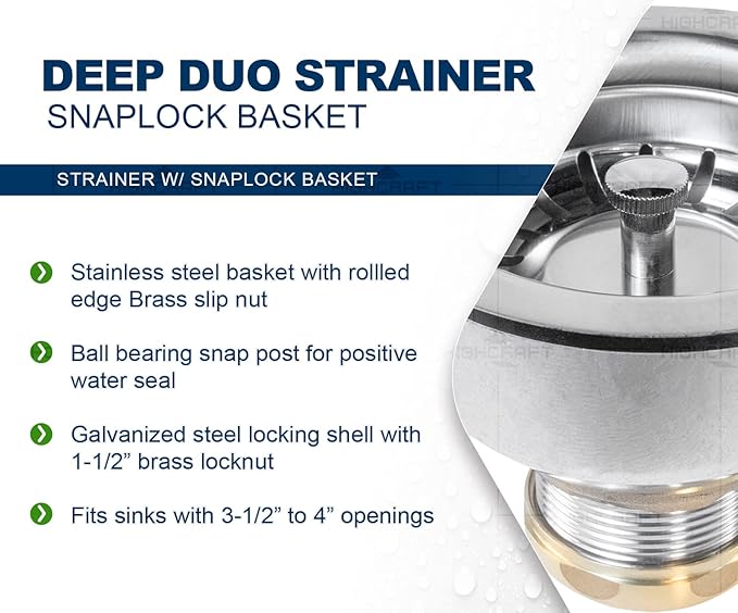 Highcraft 9754 Kitchen Sink (3-1/2 Inch) Stainless Steel Drain Assembly With Strainer Basket and Snaplock Stopper Long Extended Shank (3-3/4 Inch)