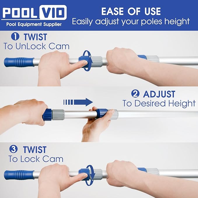 Poolvio 12 FT Telescopic Swimming Pool Pole - Adjustable 2 Piece Aluminum Pool Pole for Pool Cleaning Skimmer Nets Vacuum Heads & Brushes, Strong Grip & Lock