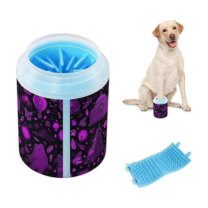 Dog Paw Cleaner Cups for Dogs Pet Foot Washer Paw Scrubber for Medium Small Large Dogs Cats Cleaning Cup Purple Bears Balloons Plants