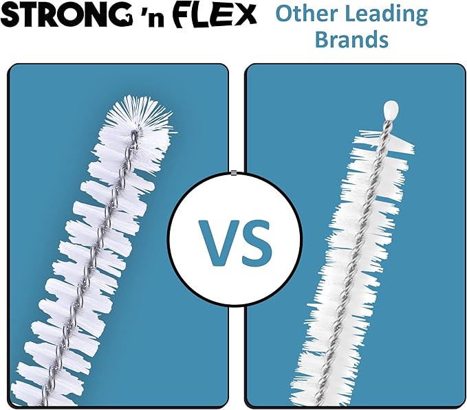 Strong 'n Flex Nylon Straw Cleaner Brushes – Fan-Shaped End for Tight Spaces, Ideal for Reusable Straws, Water Bottles, Sippy Cups & Pipes – Includes Zippered Pouch – 12" Long – Set of 10
