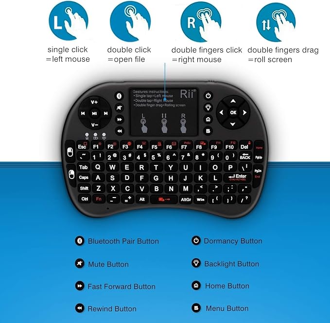 (Upgraded)Rii 2.4GHz Mini Wireless Keyboard with Touchpad,QWERTY,LED Backlit,Portable Keyboard for laptop/PC/Tablets/Windows/Mac/TV/Xbox/PS3/Raspberry Pi .(i8+ Black)