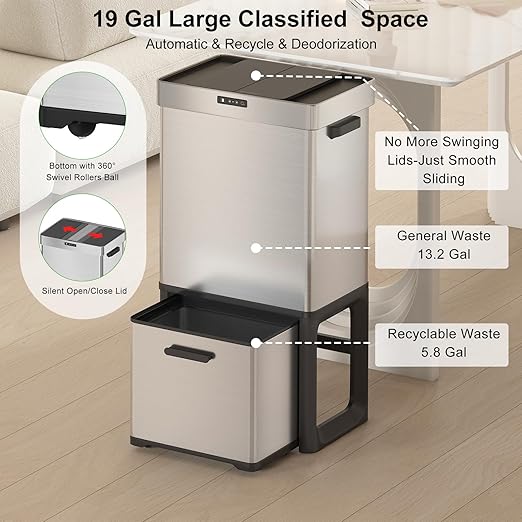 19 Gal Kitchen Automatic Motion Sensor Trash Can with 2 Recycling Dustbin(13.2 Gal+5.8 Gal),Ozone Odor Control Stainless Steel Garbage Can with Slide-Open Lid