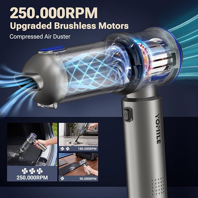 Mini Vacuum Cleaner, 2 in 1 27000PA Brushless Car Vacuum &250000RPM Air Duster 9000mAh Battery Air Blower Wireless Handheld Vacuum for Car,Office and Home