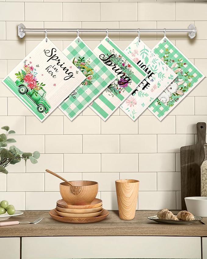 Swedish Dishcloths for Kitchen - 5 Pack Reusable Dish Cloths for Washing Dishes Absorbent Cute Funny Kitchen Towels Cleaning Sponge, Green Rabbit
