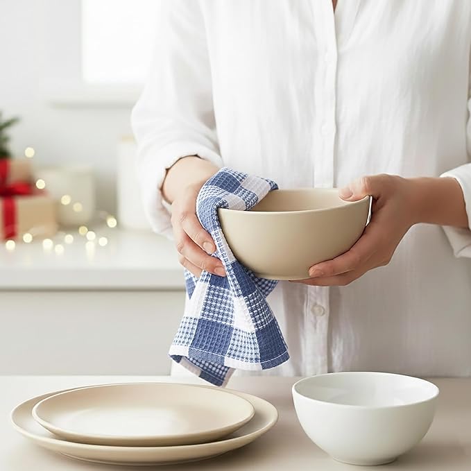 PurpleEssences 100% Cotton Waffle Weave Check Plaid Kitchen Towels, Super Soft and Absorbent Dish Towels for Drying Dishes 15x25-6 Pack - Christmas Holiday Winter - Smoky Grey and White
