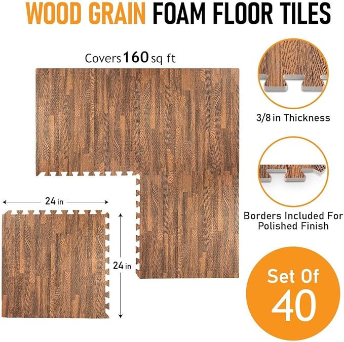 HomeCube USA 3/8 Inch Thick Interlocking Dark Oak Foam Floor Tiles for Home, Office, Workout Equipment Space Commercial Areas Anti-Fatigue Flooring Padding 24x24 in, Dark Oak, 160 Sq Ft-40 Tiles