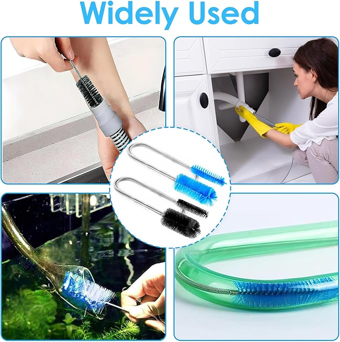 2 Pcs Flexible Drain Pipe Cleaning Brush, 36" Extra Long Double Ended Nylon Bristles and Stainless Steel Tube Cleaners, 2 Brush Head Sizes for Kitchen Sink, Pipe and Hose Cleaning (Black+Blue)