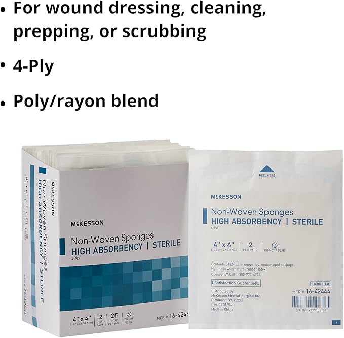 McKesson Non-Woven Sponges, Sterile, 4-Ply, High Absorbency, Polyester/Rayon (4 X 4 Inch (50 Count))