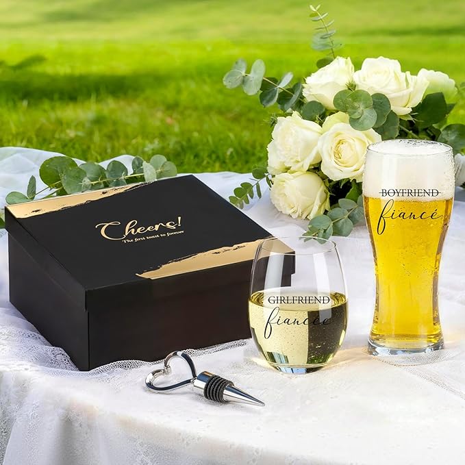 AW BRIDAL Engagement Gifts for Couples and Women, Fiance Wine Glasses and Beer Mug Set for Her, Newly Wed Gift for the Couple 2026, Mr and Mrs Wedding Beer Mug with Wine Stopper for Bride to Be