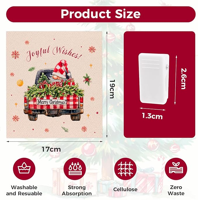 10PCS Swedish Dishcloths for Kitchen, Reusable Dish Rags for Washing Dishes with Clips, Non-Scratch Kitchen Towels and Dishcloths Sets, Washable Swedish Dish Cloths, No Odor(Christmas)