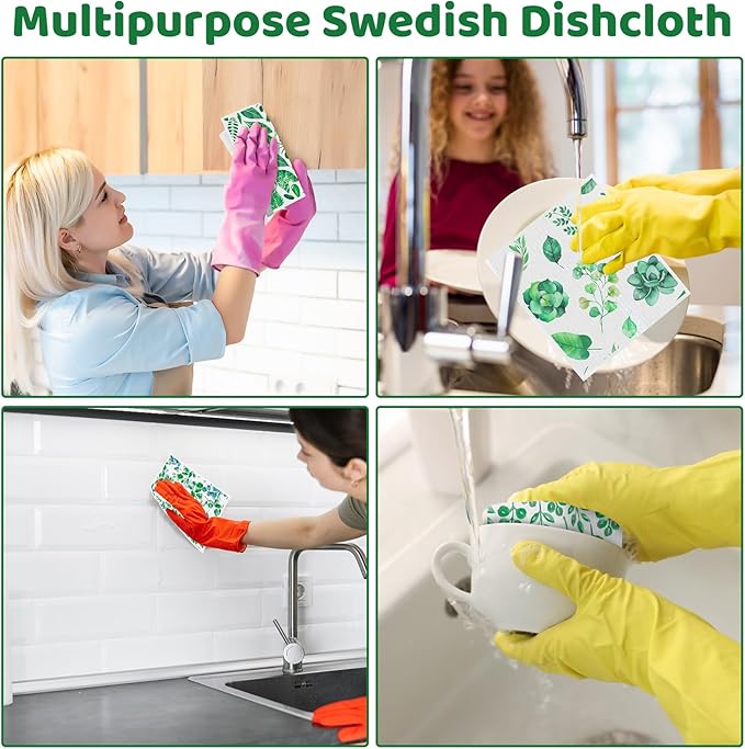 Needbrock 6 Pack Swedish Dishcloths for Kitchen, Swedish Rags Absorbent Green Leaf Dish Cloths Dish Towels with Adhesive Clips, Reusable Paper Towels No Odor for Cleaning Home Kitchen