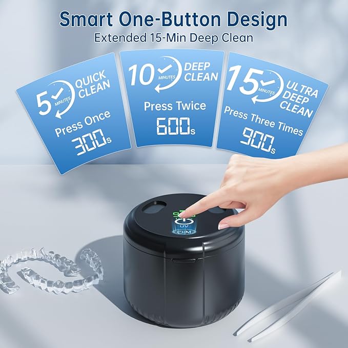 45kHz Ultrasonic Retainer Cleaner, Dental Cleaning Pod for Mouth Guard, Invisalign, Aligner, Night Guard, Braces, Toothbrush, Jewelry, Powerful Denture Cleaner Machine with Digital Timer (Black)