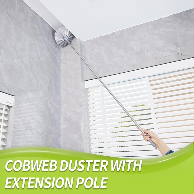 Cobweb Duster with Extension Pole, Spider Web Brush & Ceiling Cleaning Kit, 100" Microfiber Feather Duster Cleaner with Washable Head for Ceiling Fan, Furniture, Home