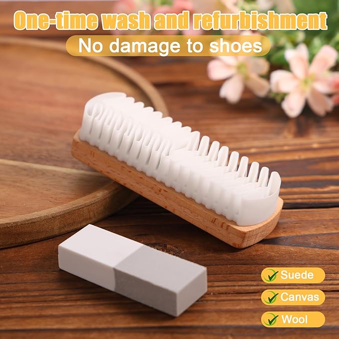 Suede Shoe Brush and Eraser, Rubber Soft Suede Nubuck Cleaning Brush with Wooden Handle for Shoes Sneaker Boot Jacket Bags Wallet Purse and More Leather Cleaner Kit