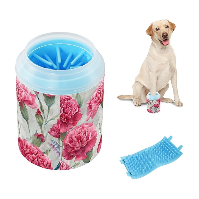 Dog Paw Cleaner Cups for Dogs Pet Foot Washer Paw Scrubber for Small Medium Large Dogs Cats Cleaning Cup Vintage Carnation Hummingbird