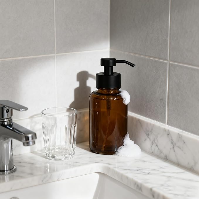 15 oz Amber Glass Foam soap Dispenser with Black Rust-Proof Foam Pump, refillable Thick Glass Foam soap Dispenser for Kitchen and Bathroom (2, 15 oz)