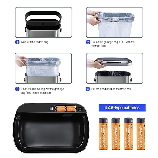 pouseayar Black 13 Gallon 50L Smart Automatic Trash Cans, Stainless-Steel Thickened Body with Super Mute Sensor Lid and 30 Count Garbage Bags for Kitchen Office Bedroom Waste Bin and More