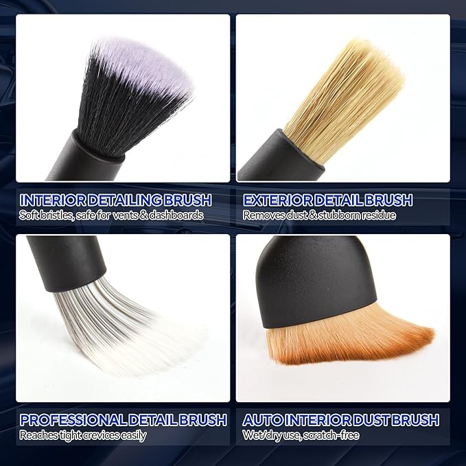 4PCS Car Detailing Brush Kit - Ultra Soft Boars Hair Car Interior Detailing Brushes, Includes 4 Different Brushes, Multi-use for Cleaning Interior or Exterior - Perfect Car Accessory Gift