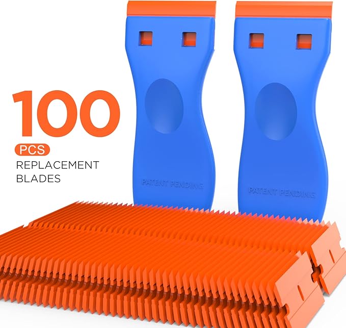 Plastic Razor Blades Scraper Tool - 2 Pack Wall Paint Remover with 100 Pcs Plastic Blades Kit No Scratch Car Window Glass Wood Sticker Removal Floor Stove Kitchen Vinyl Adhesive Decal Tape Cleanings