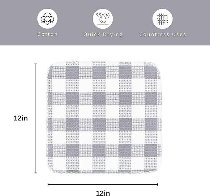 Waffle Weave Plaid Dish Cloths, 100% Cotton - 12 x 12 Inches, Ultra Soft Absorbent Quick Drying Dish Towels Buffalo Check Dish Rags for Kitchen, 8 Pack - Fall Thanksgiving - Grey & White