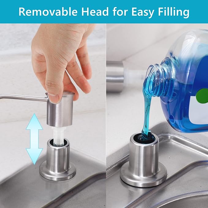 Built-in Soap Dispenser for Kitchen Sink, Soap Dispenser Pump Set with 17oz Bottle and 47.2-inch Extension Tube Kit for Dish Detergent - Stainless Steel, Brushed Nickel
