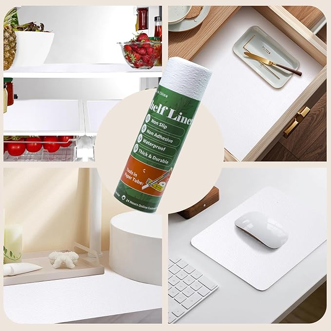 Shelf Liners for Kitchen Cabinets Non Adhesive Drawer Liner 23.6in x 20FT Pure White Thickened Shelf Liner Strong Non-Slip Easy to Clean for Tool Box Refrigerator with Knife and Tape Measure