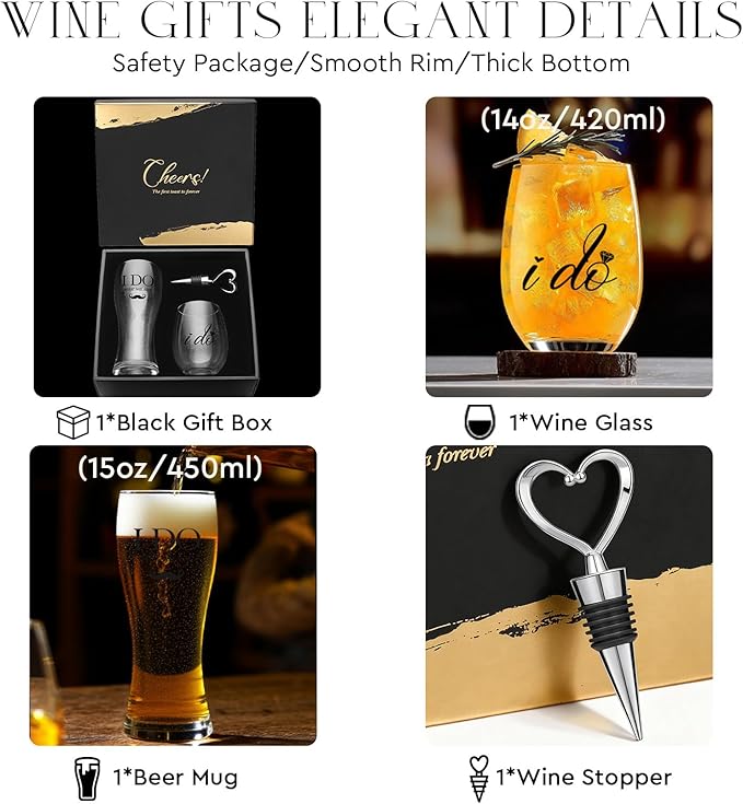 AW BRIDAL Wedding Gifts for Couples 2026, Mr and Mrs Wine Glasses and Beer Mug Set, Engagement Gift for the Couple, Bride and Groom Wedding Glasses with Wine Stopper, Bridal Shower Gifts for Bride