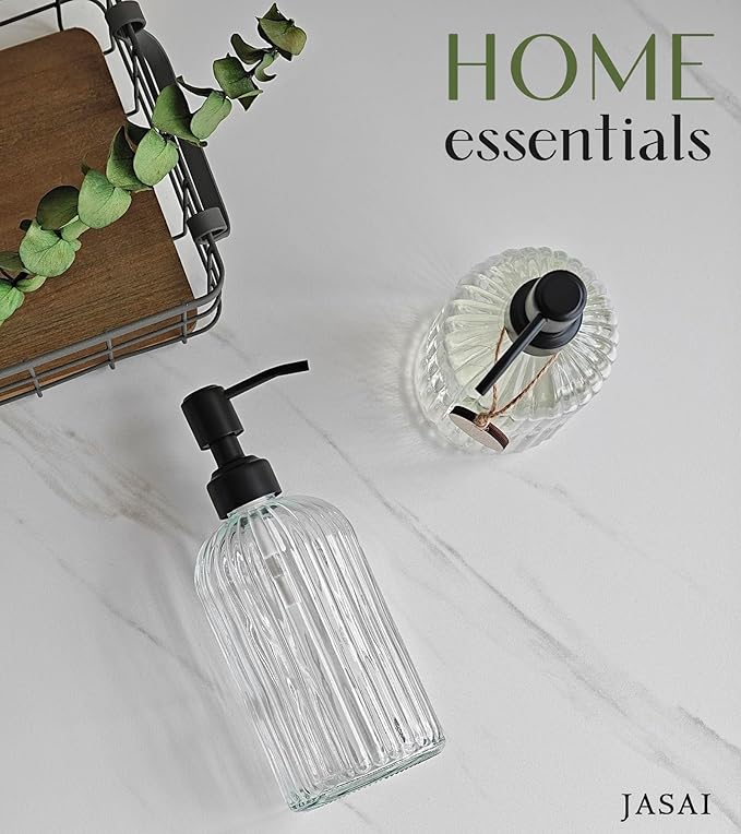 JASAI 18Oz Simple Glass Soap Dispenser with Black Rust Proof Pump,Refillable Kitchen soap Dispenser with Vertical Stripe, Bathroom Soap Dispenser for Dispense Hand soap, Dish Soap, Lotion.
