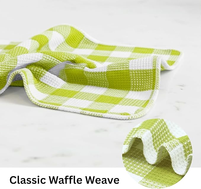 PurpleEssences Waffle Weave Plaid Dish Cloths, 100% Cotton, 12x12 Inch, Soft Absorbent Quick Drying Buffalo Check Dish Rags for Kitchen, 8 Pack, Christmas Holiday Winter - Light Green & White