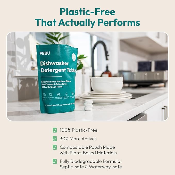 FEBU Plastic-Free Dishwasher Detergent Tablets for Deep Cleaning | Non-Toxic Dishwasher Pods, 60 Loads, 9g, Spot & Film-Free Even in Hard Water | Dissolves Fully, Enzyme + Oxygen Power | Unscented