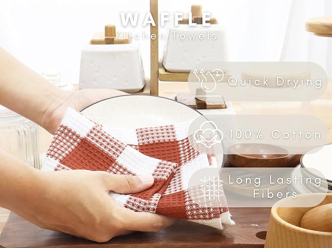 PurpleEssences Rust 100% Cotton Waffle Weave Check Plaid Kitchen Towels, Super Soft and Absorbent Dish Towels for Drying Dishes 15 x 25-4 Pack - Christmas Holiday Winter - Rust and White