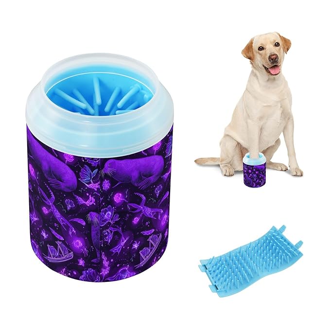 Dog Paw Cleaner Cups for Dogs Pet Foot Washer Paw Scrubber for Medium Small Large Dogs Cats Cleaning Cup Purple Sea Lions Boat Flowers