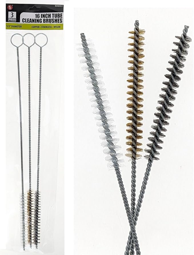 3 Piece Set of 16-Inch Tube Cleaning Brushes Copper, Stainless, Nylon for Various Surface Use (.5-Inch Diameter)