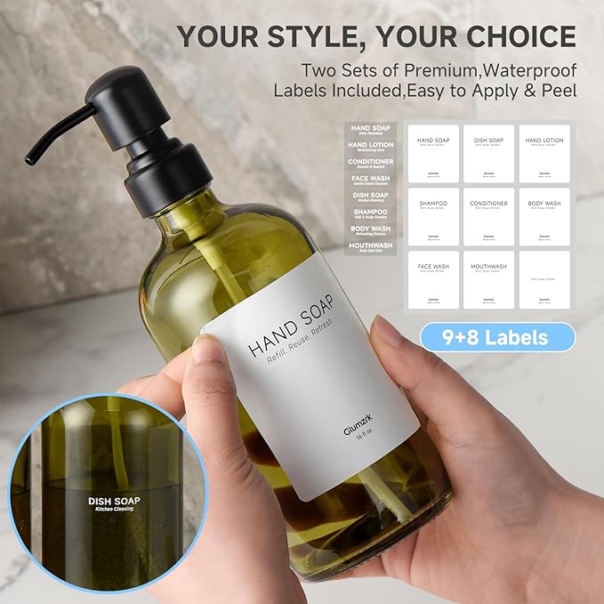 2 Pack Kitchen Soap Dispenser Set - 16oz Green Glass Dish and Hand Soap Dispenser with Stainless Steel Pump, Instant Dry Tray, Dish Brush & Holder, Refillable Countertop Sink Decor for Kitchen & Bath