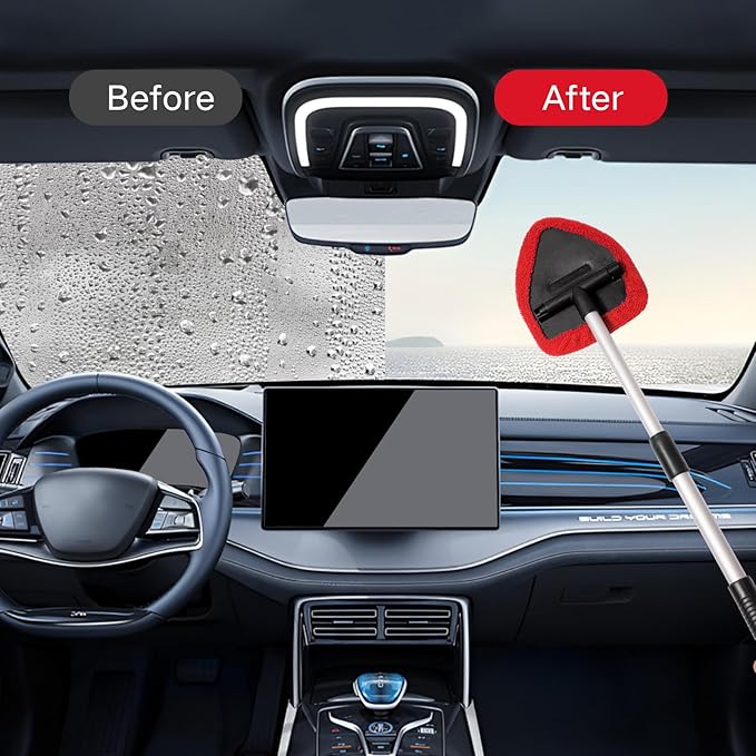 7pcs Windshield Cleaner Tool Car Window Cleaning Wash Kit with 4 Reusable Microfiber Pads 1 Spray Bottle and Extendable Handle Auto Glass Wiper Kit, Red