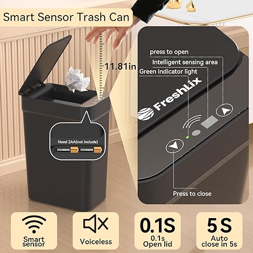 3 Pack Bathroom Trash Can 2.6 Gallon Small Touchless Automatic Motion Sensor Trash Cans Slim Waterproof Garbage Bin with Lid for Kitchen, Office, Bedroom Black