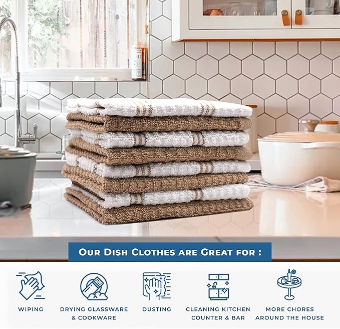 DAN RIVER Premium Dish Cloth 100% Cotton 12 X 12 Inches |Pack of 8|-Ultra Soft Tea Towels-Highly Absorbent Kitchen Rags-Terry Dishcloth for Kitchen and Household Cleaning |Tan|