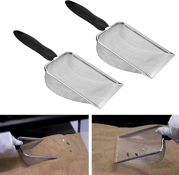 2pcs Cat Litter Scoop, Portable Reptile Sand Scooper, Stainless Steel Fine Mesh Scoop Shove-l for Litte-r Box, Sand Bedding, Easy to Clean and Durable(Color:Silver)
