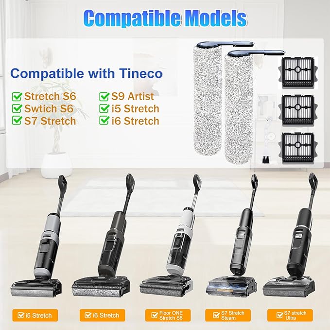 Floor ONE Stretch S6 Roller Brush and Filters for Tineco Floor ONE Stretch S6/Swtich S6/S7 Stretch/S9 Artist/i5 Stretch /i6 Stretch Wet Dry Cordless Cleaners-6Pack