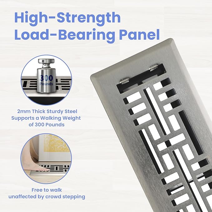2x10 Inches Heavy Duty Walkable Floor Register Easy Adjust Air Supply Lever Floor Vents - Seattle Design - Vent Cover for Home Floor - Satin Nickel