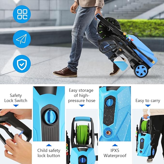 5000PSI Electric Pressure Washer,Power Washer with Foam Cannon,Portable Cleaner with 33ft Hose Reel,4 Nozzle Tips,and Soap Bottle for Cars/Home/Driveways/Patios/Decks/Fences